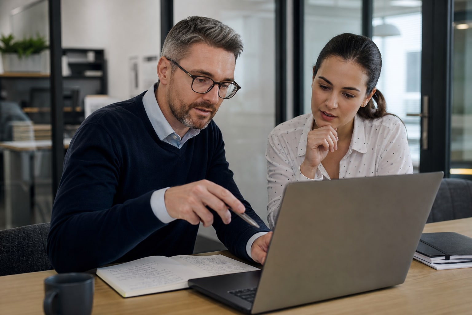 Sales manager giving a new representative focused feedback at a laptop