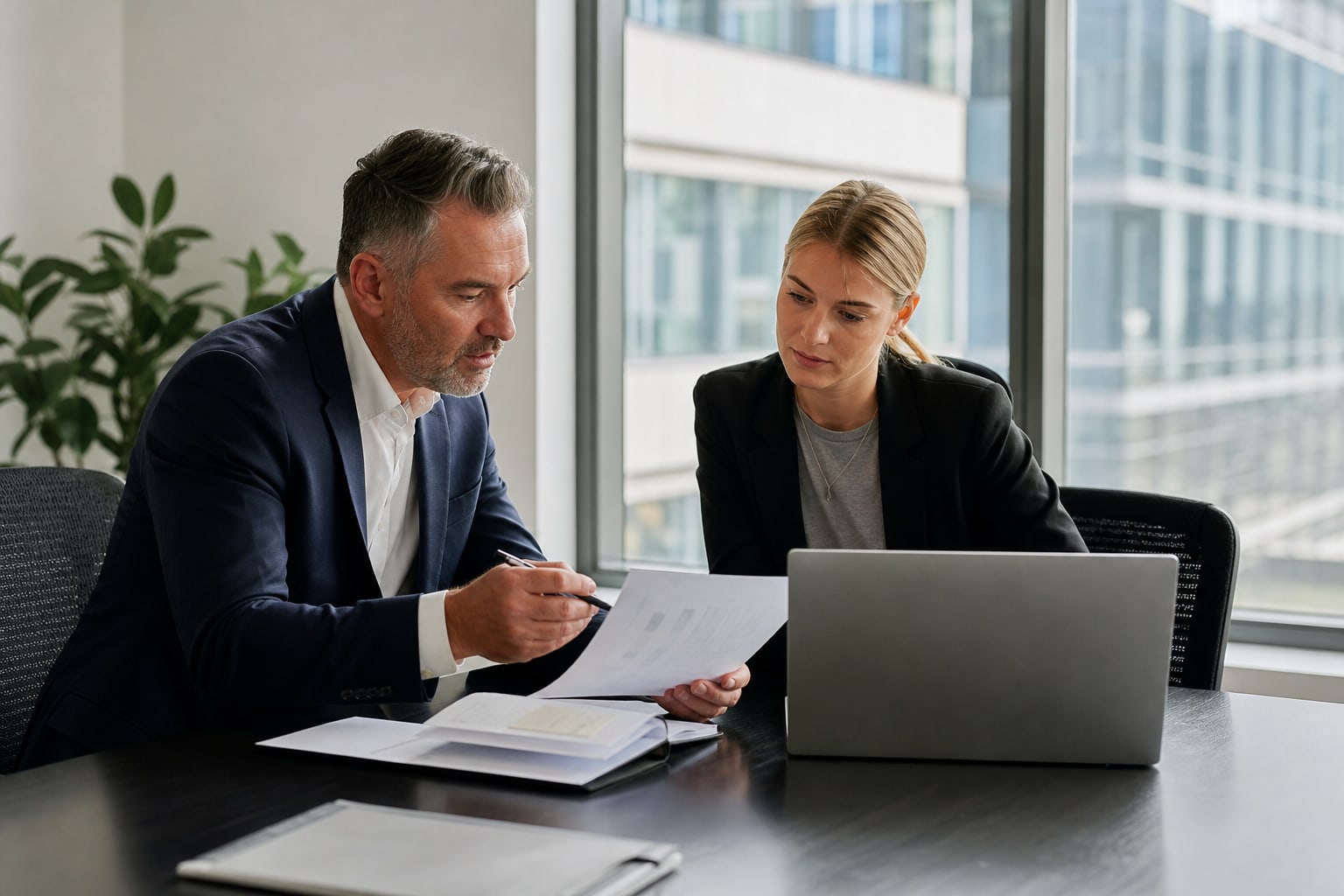 Sales manager and new representative reviewing an account plan together