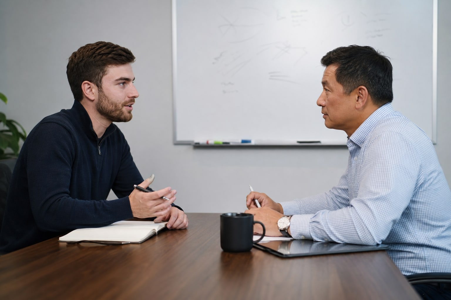 Sales manager and new representative practicing a customer conversation