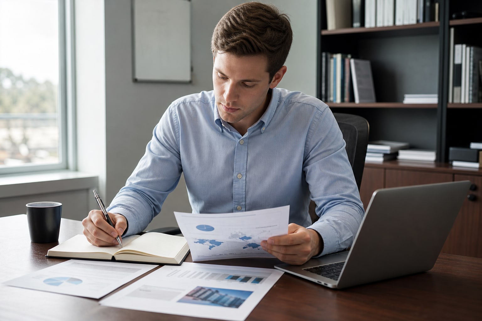 New sales representative preparing an account brief at a desk