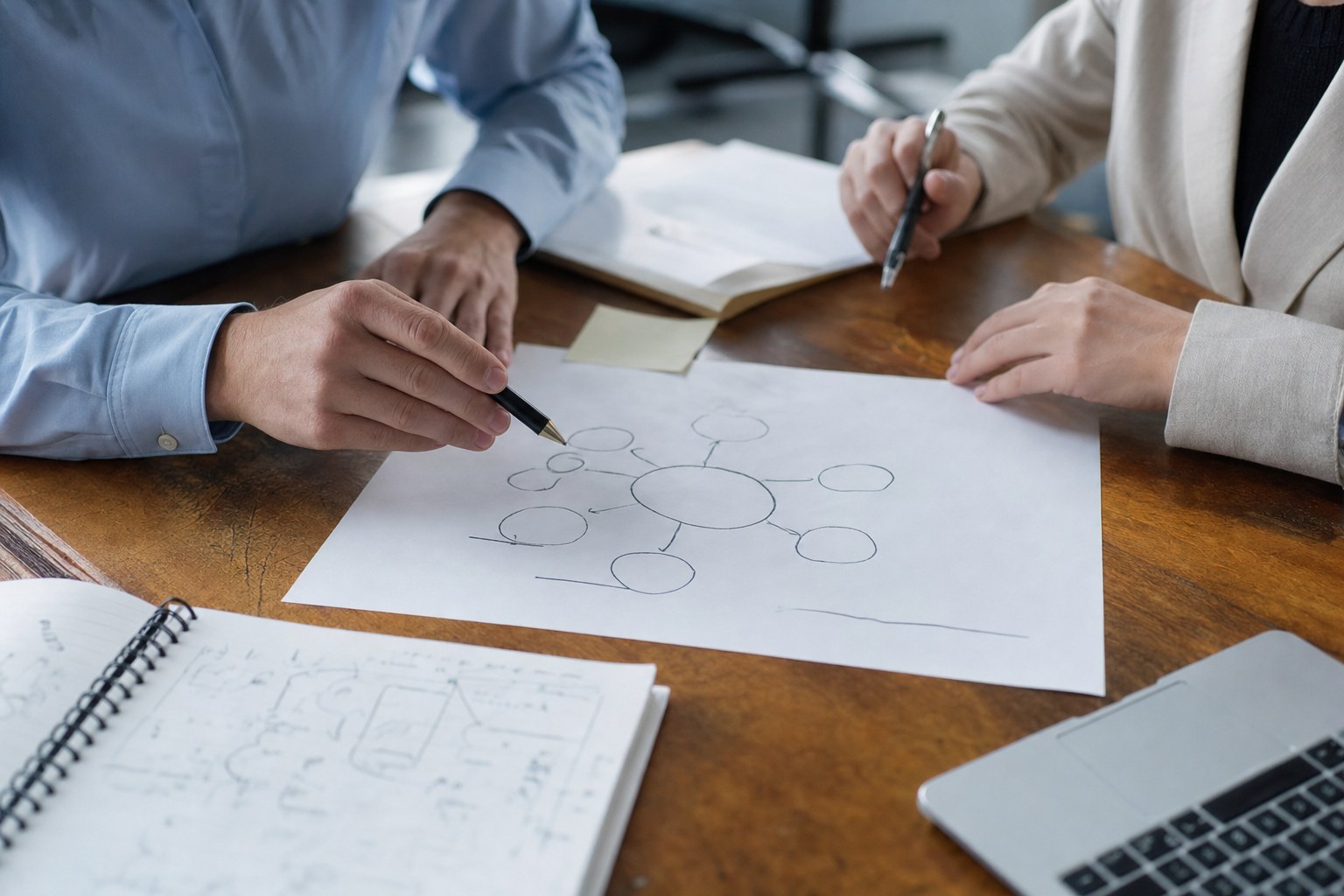Two sales professionals mapping customer stakeholders and account priorities