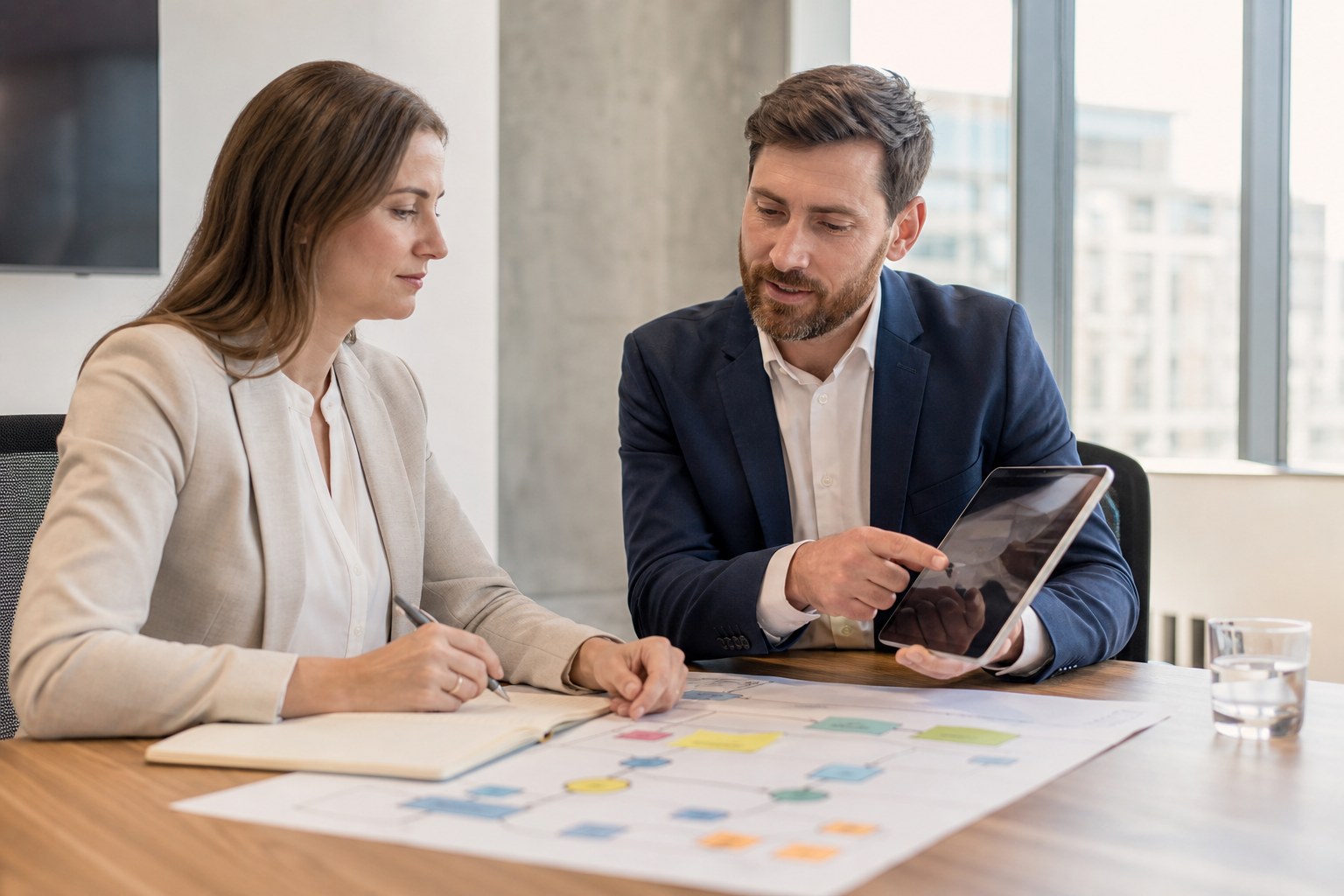 Sales manager and representative reviewing practical next steps together