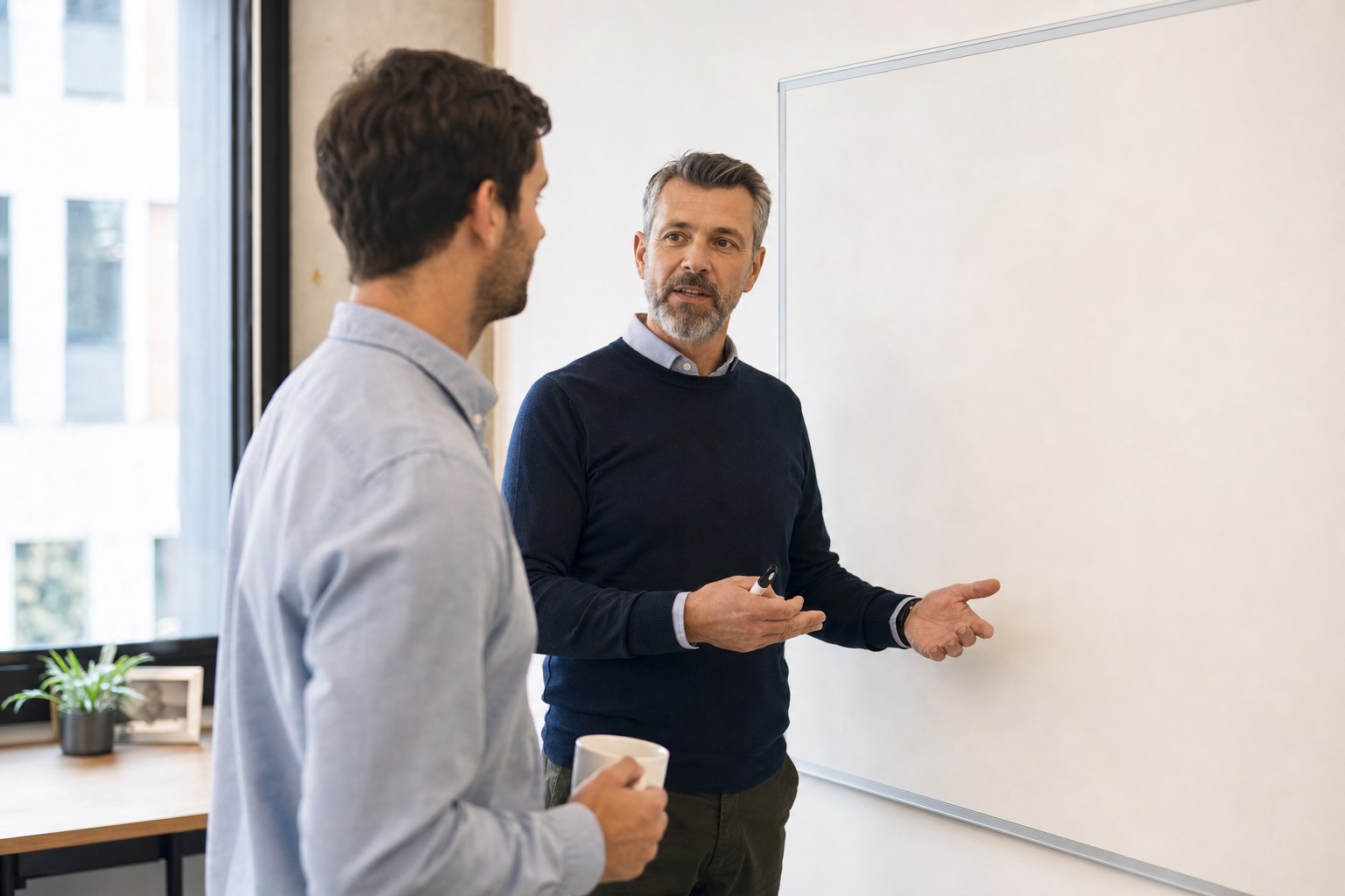 Sales manager discussing a customer opportunity with a representative beside a blank whiteboard