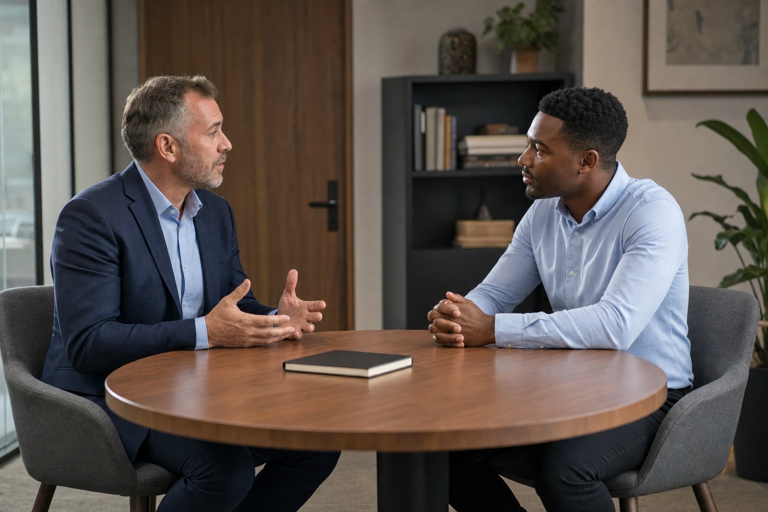 Sales manager listening closely to a representative during a coaching conversation