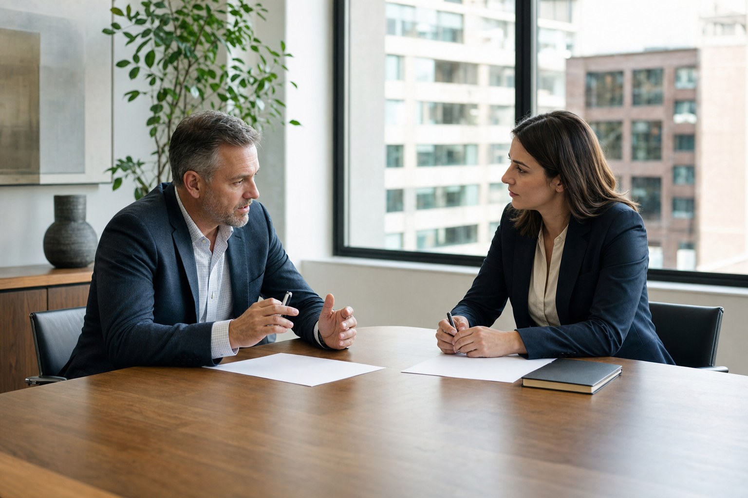 Sales manager and representative having a focused coaching conversation