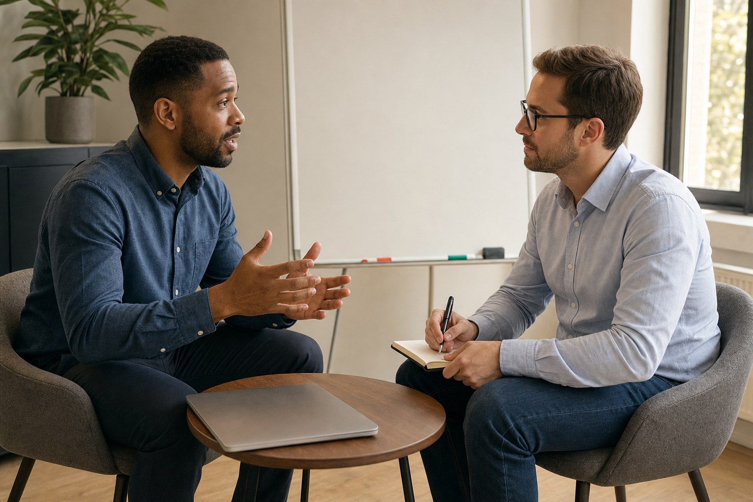Two sales professionals practicing a customer conversation during a coaching session