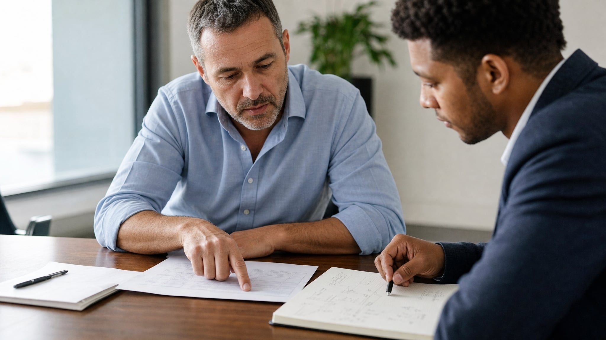 Sales manager and representative reviewing notes from a customer call