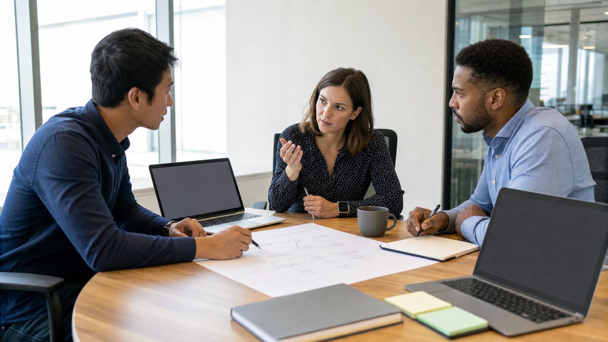 Sales manager leading a practical deal review with two representatives
