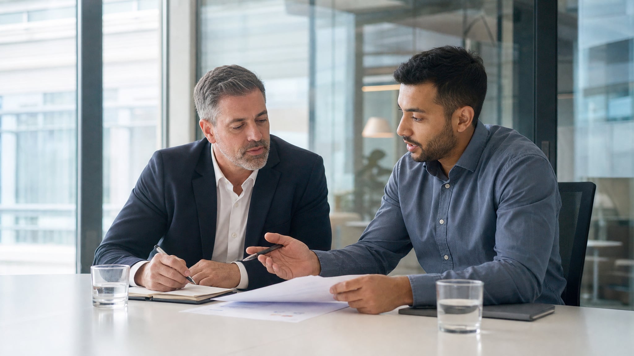Sales manager and representative reviewing customer notes together