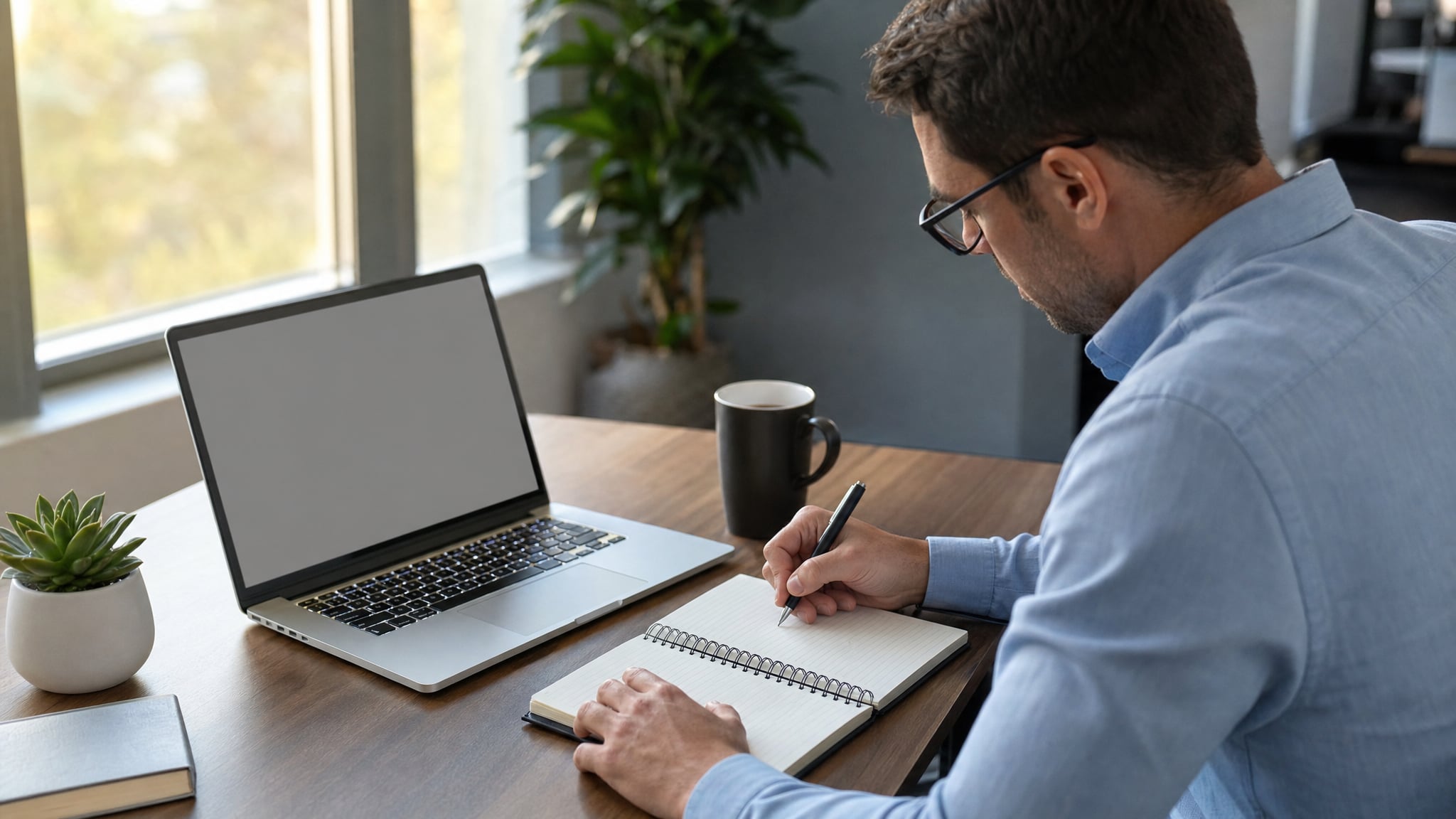 Sales representative preparing questions for a customer conversation