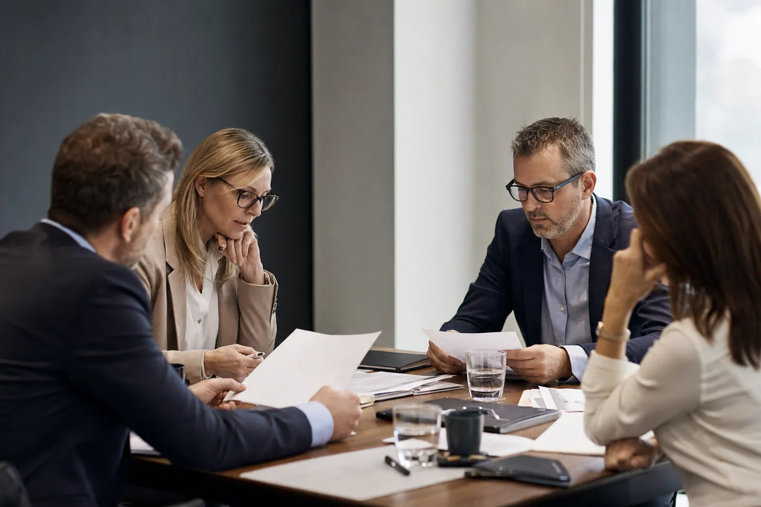 Leadership team comparing candidate evidence before making a hiring decision