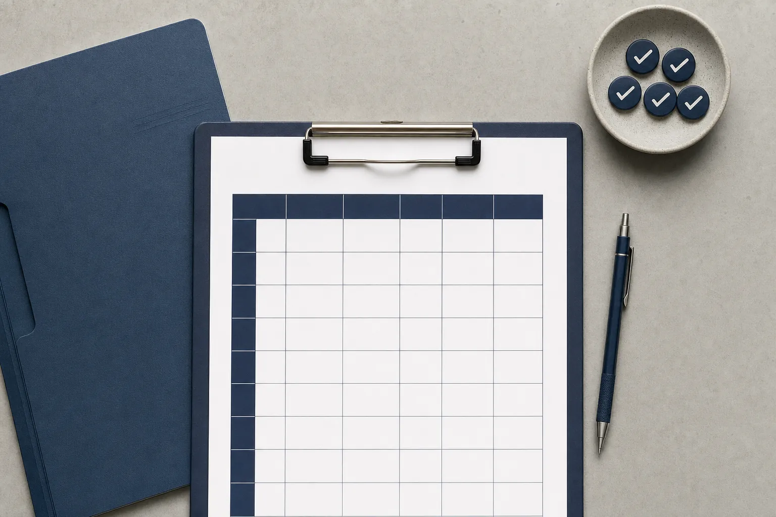 Blank assessment grid with check markers and a pen