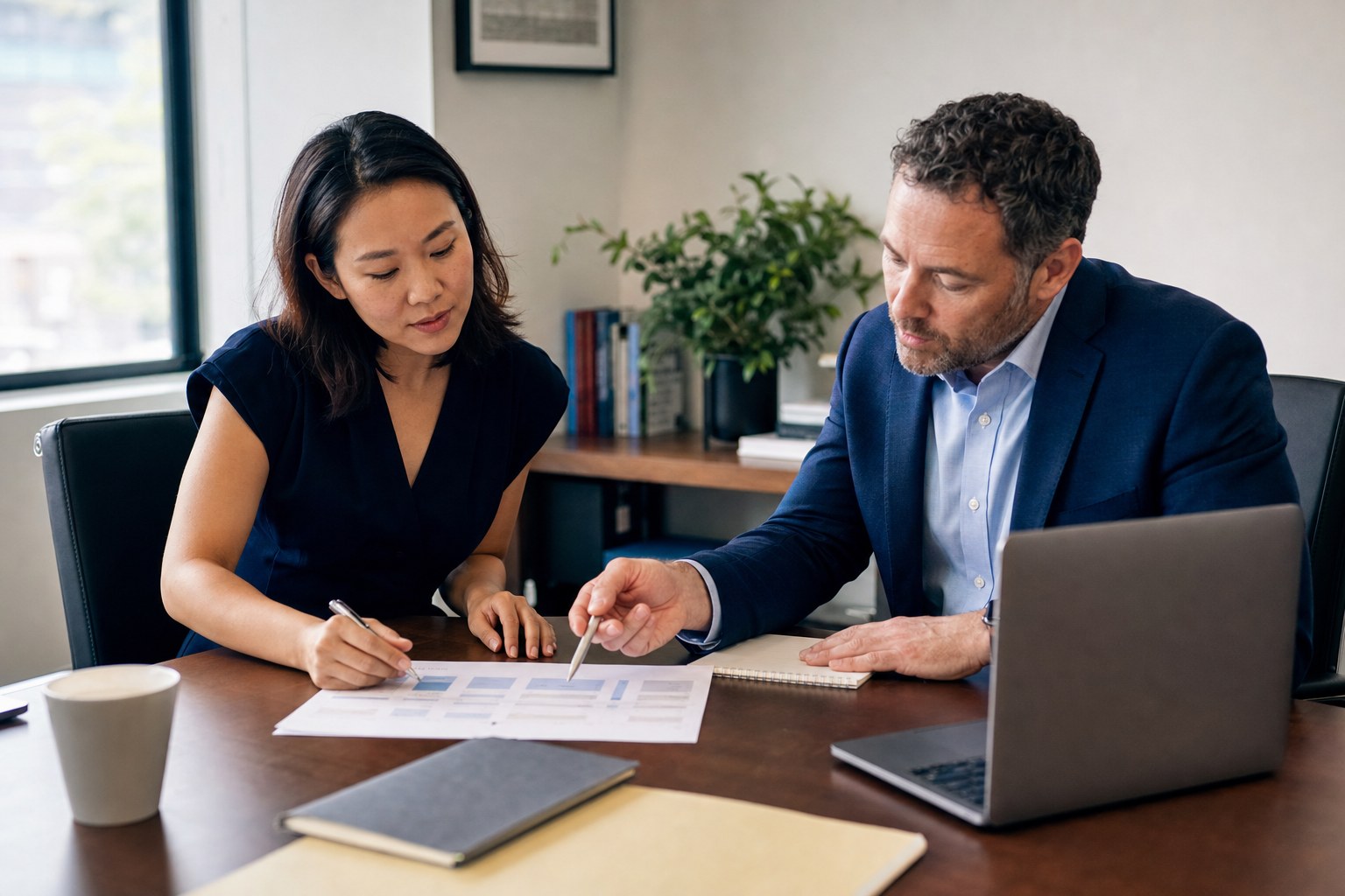 Sales manager coaching a representative through an account plan