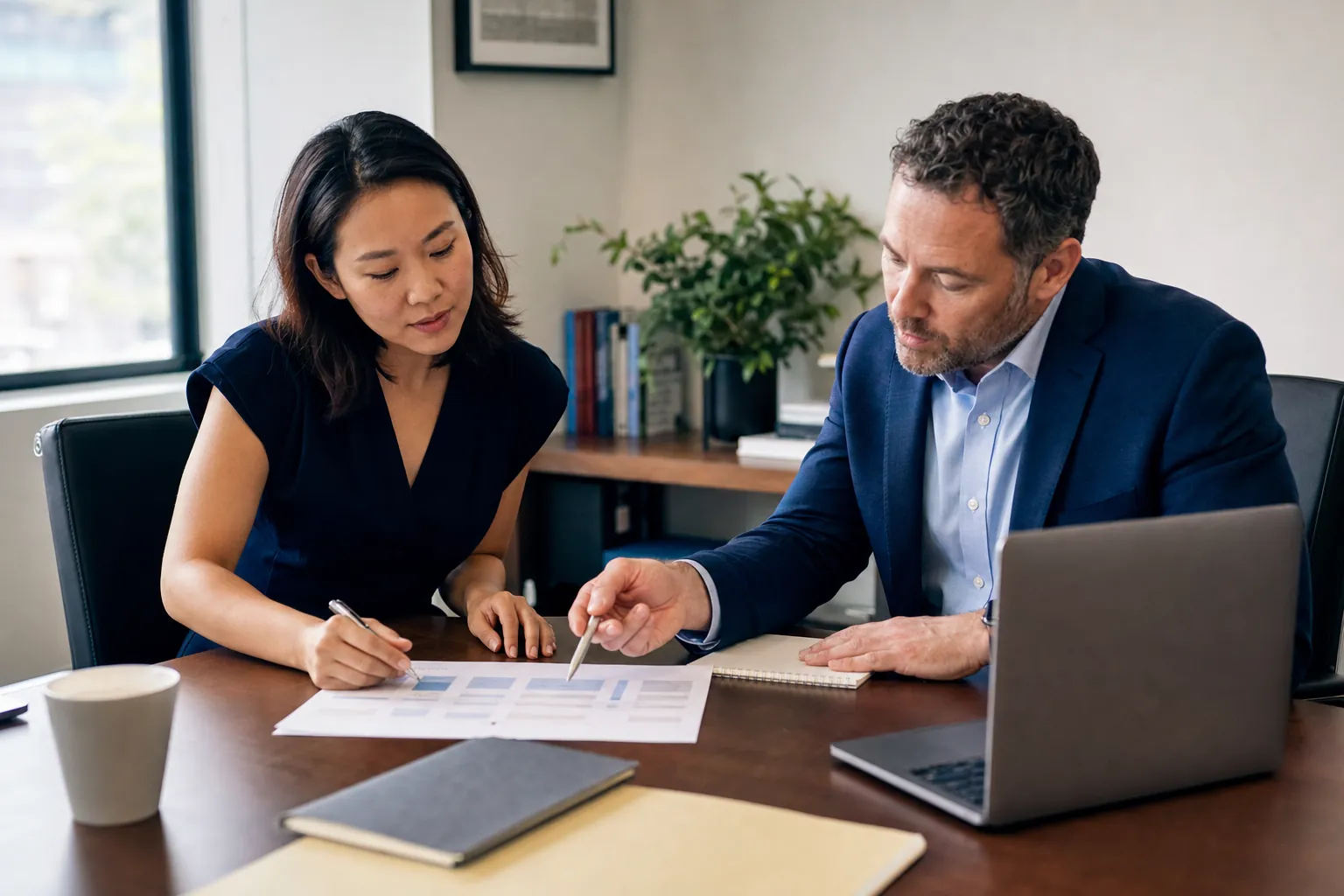 Sales manager coaching a representative through an account plan