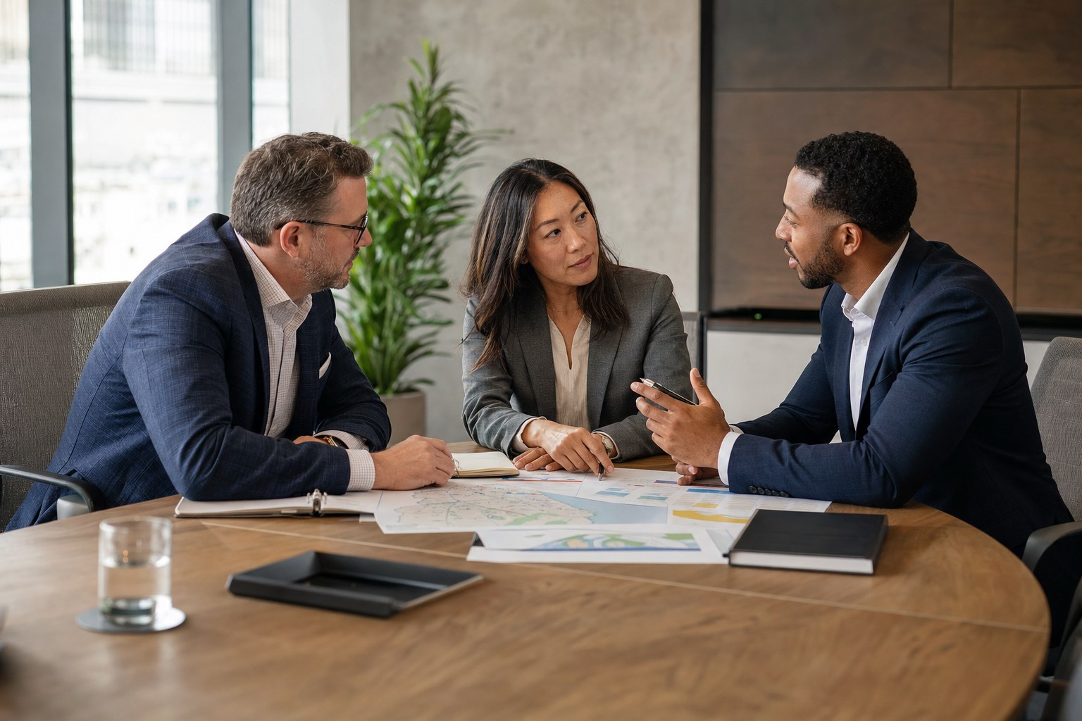 Hiring leaders interviewing a sales manager around a conference table