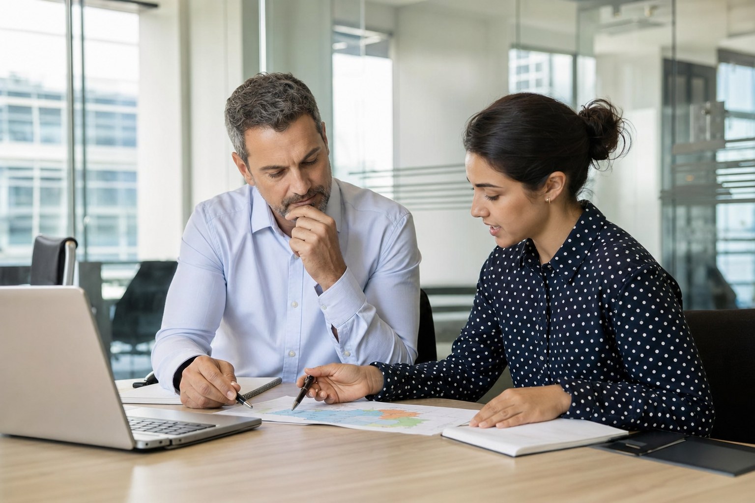 Sales leader and new manager reviewing a territory plan together