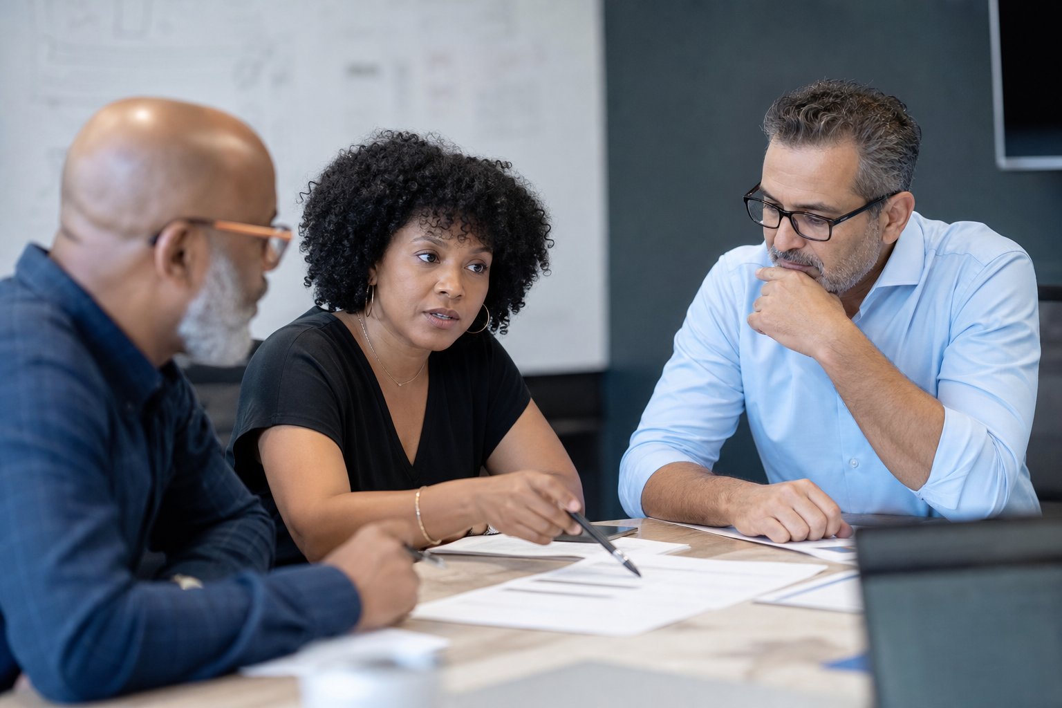 Sales leaders comparing performance evidence in a calibration meeting