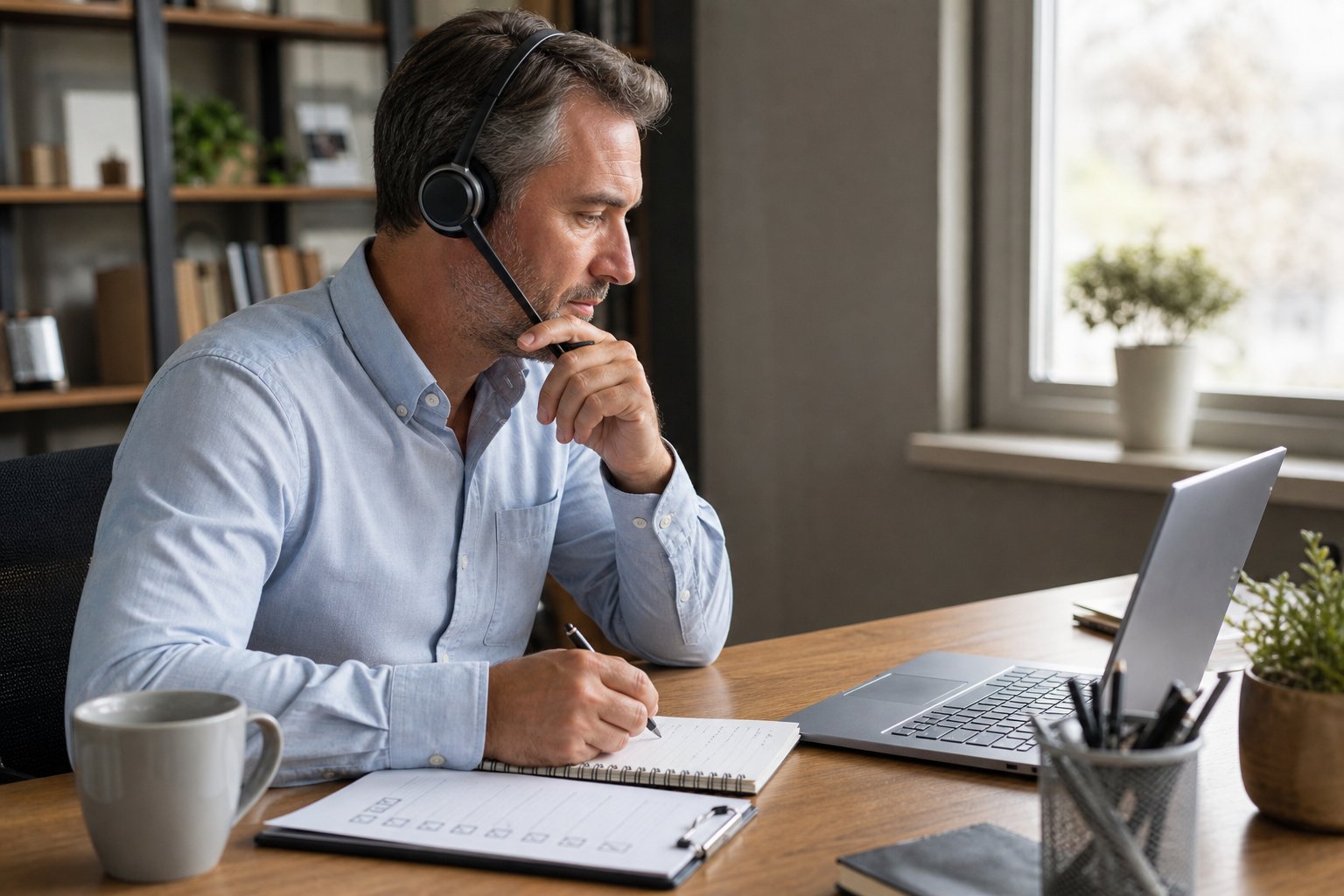 Sales manager preparing notes during a customer call review