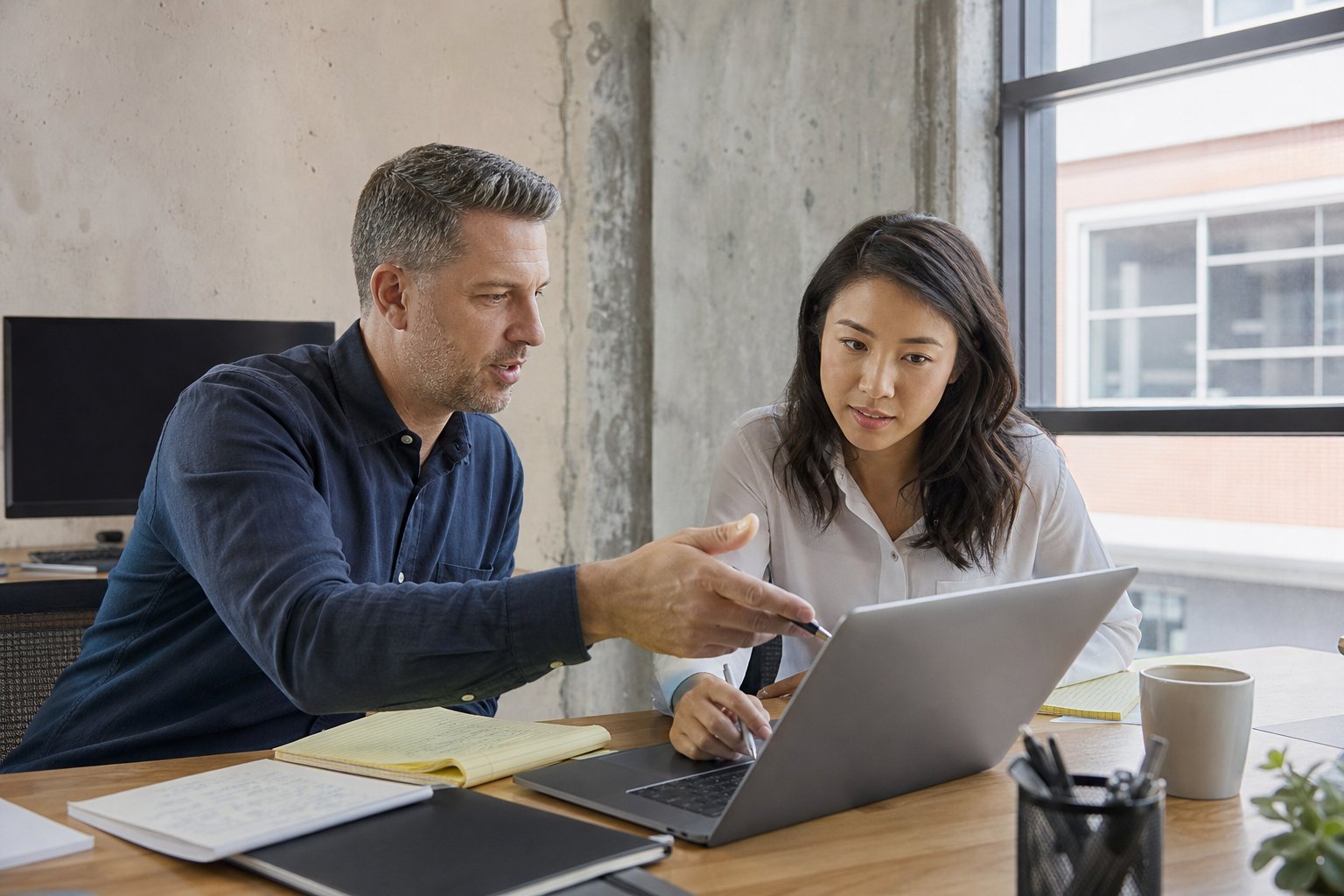 Sales manager coaching a representative while reviewing call notes at a laptop