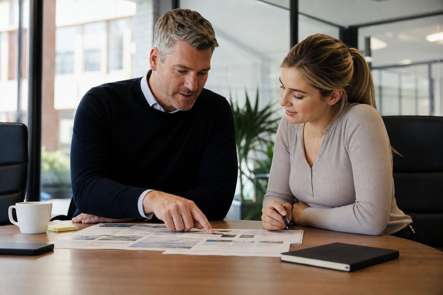 Sales leader and new representative reviewing an account plan together