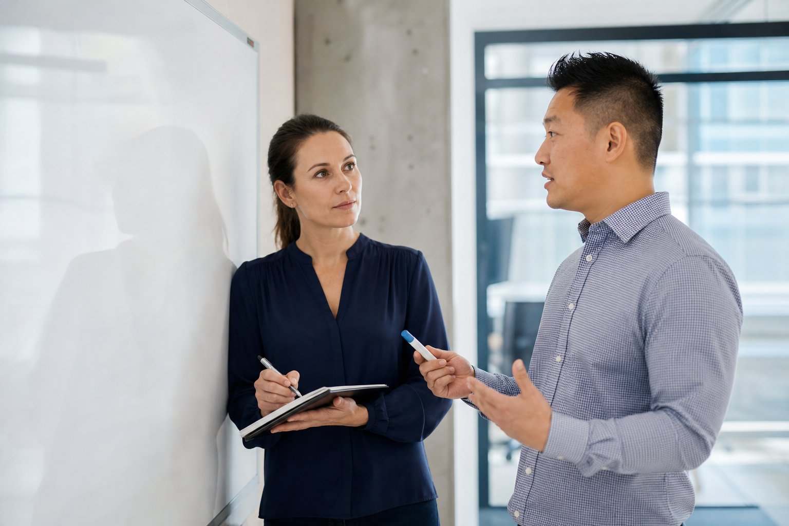 Two sales colleagues practicing a customer conversation beside a whiteboard