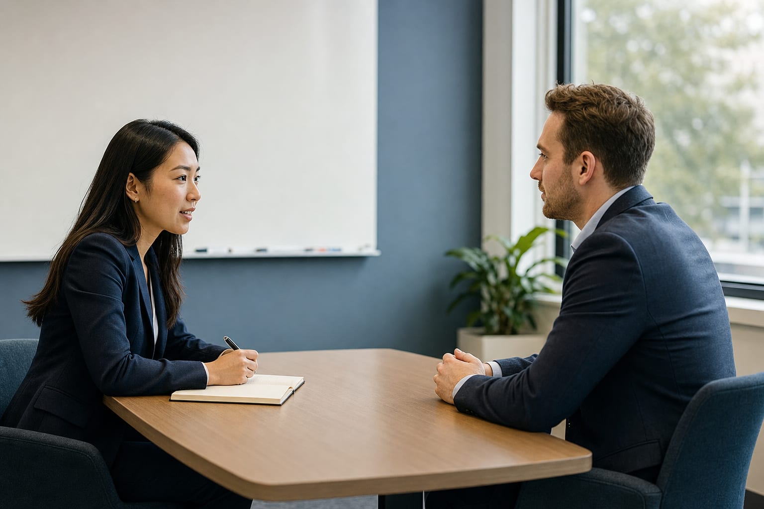 Two professionals practicing a structured sales conversation