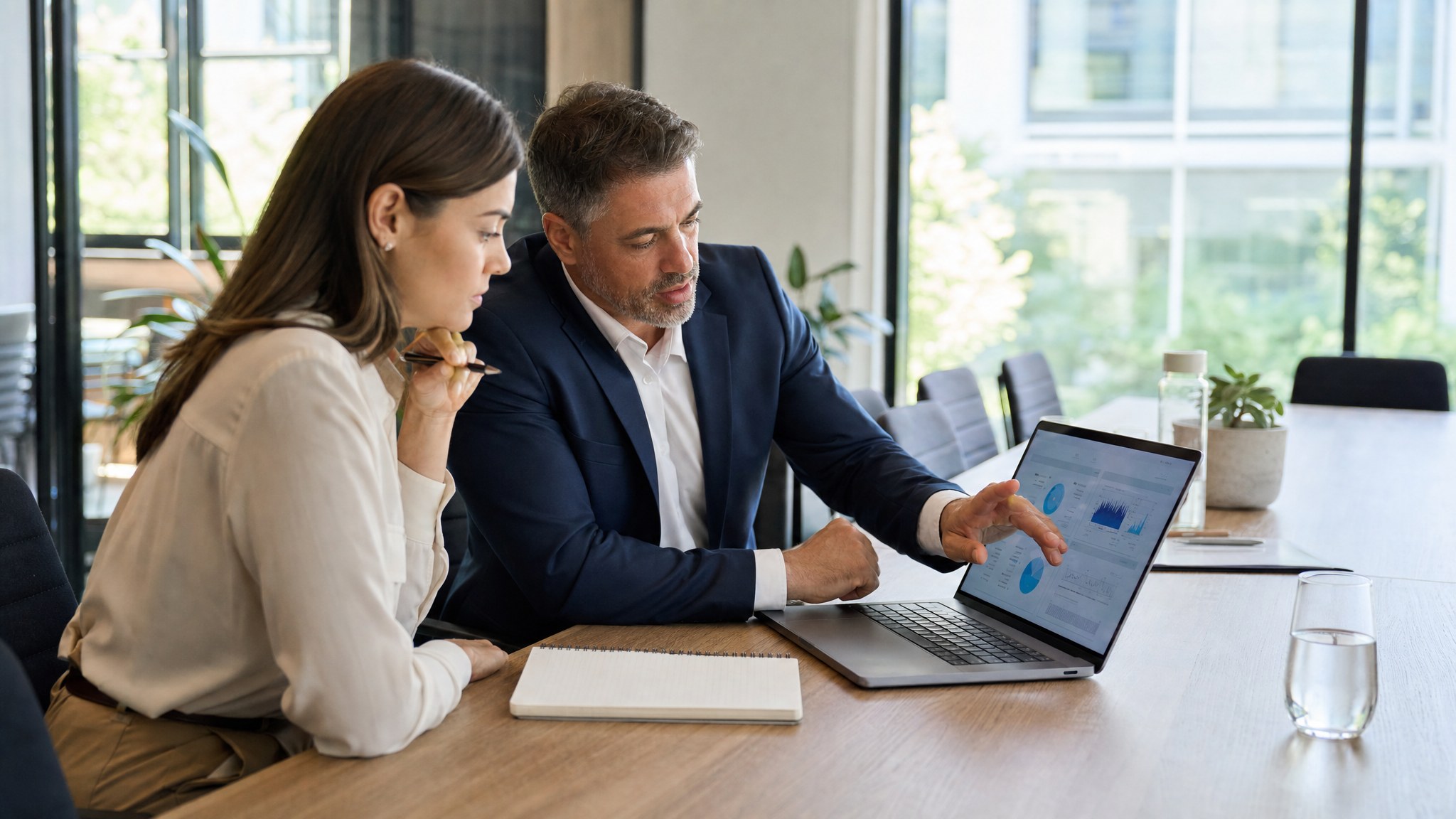 Sales manager and new representative reviewing onboarding progress at a laptop