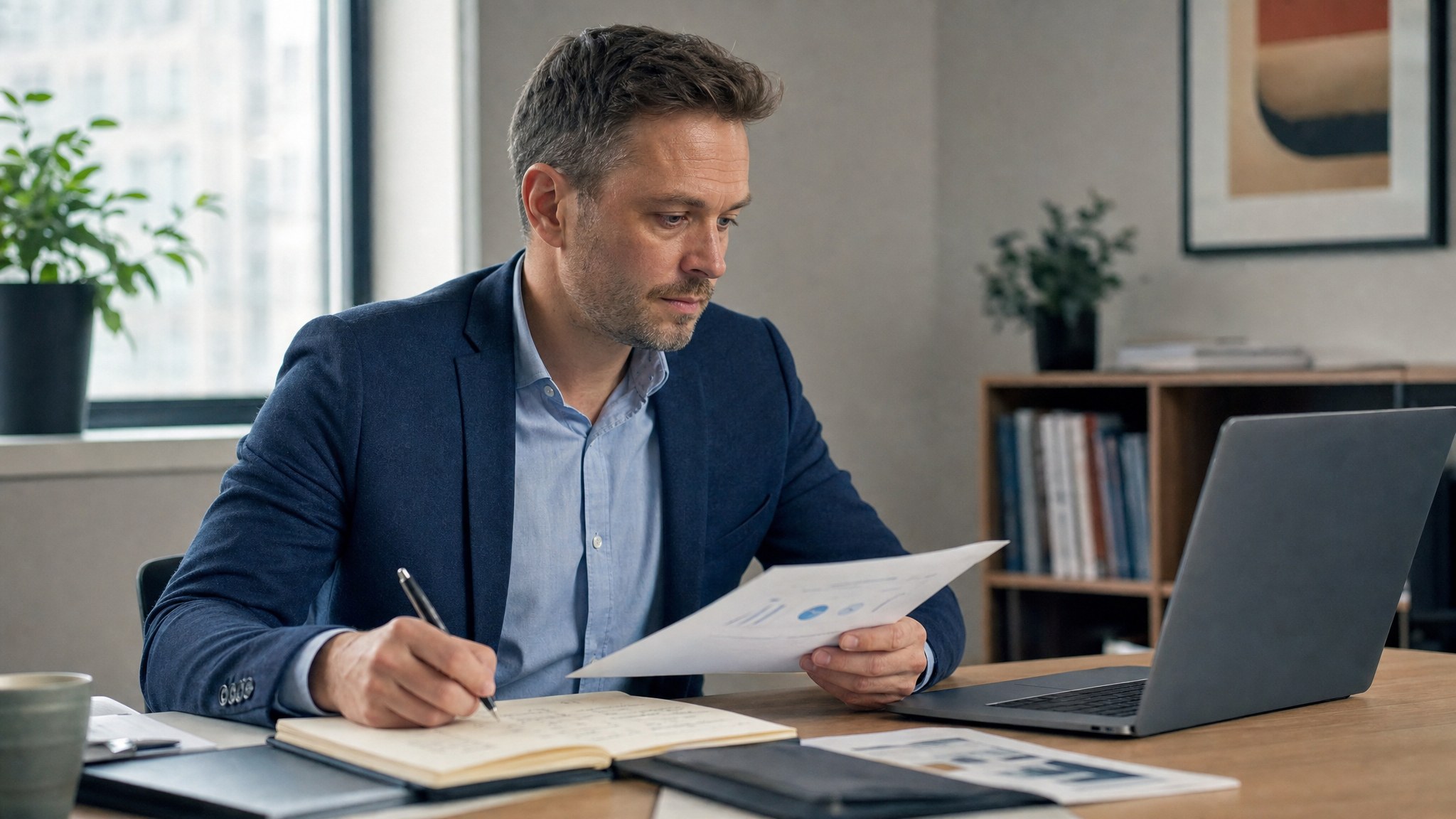 B2B sales representative preparing an account brief and customer-call notes