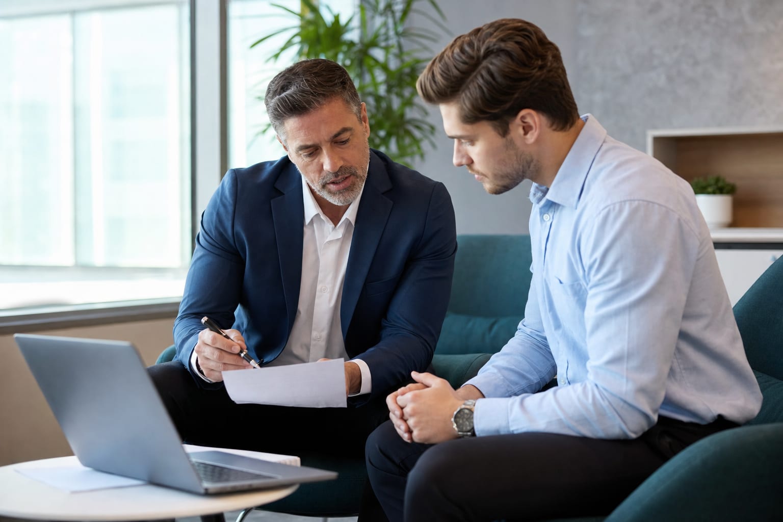Experienced seller mentoring a new colleague before a customer conversation