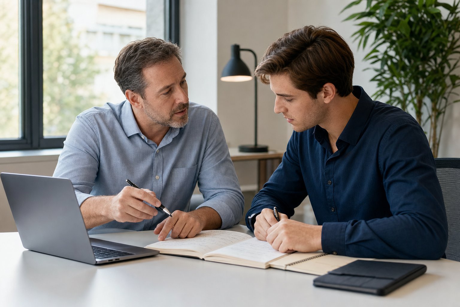 Sales manager coaching a new representative through notes and an account plan
