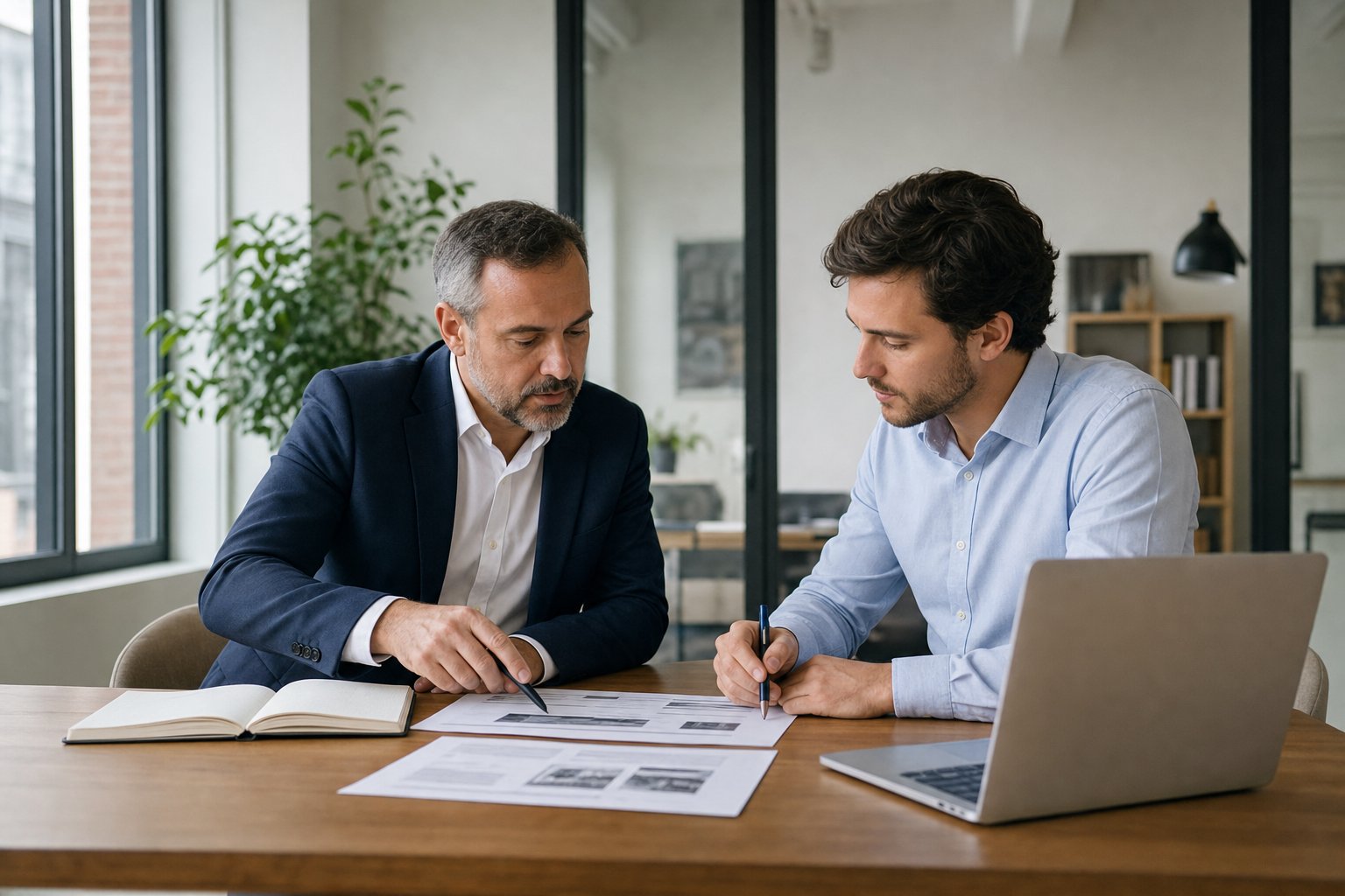 Sales manager and new representative reviewing an onboarding plan