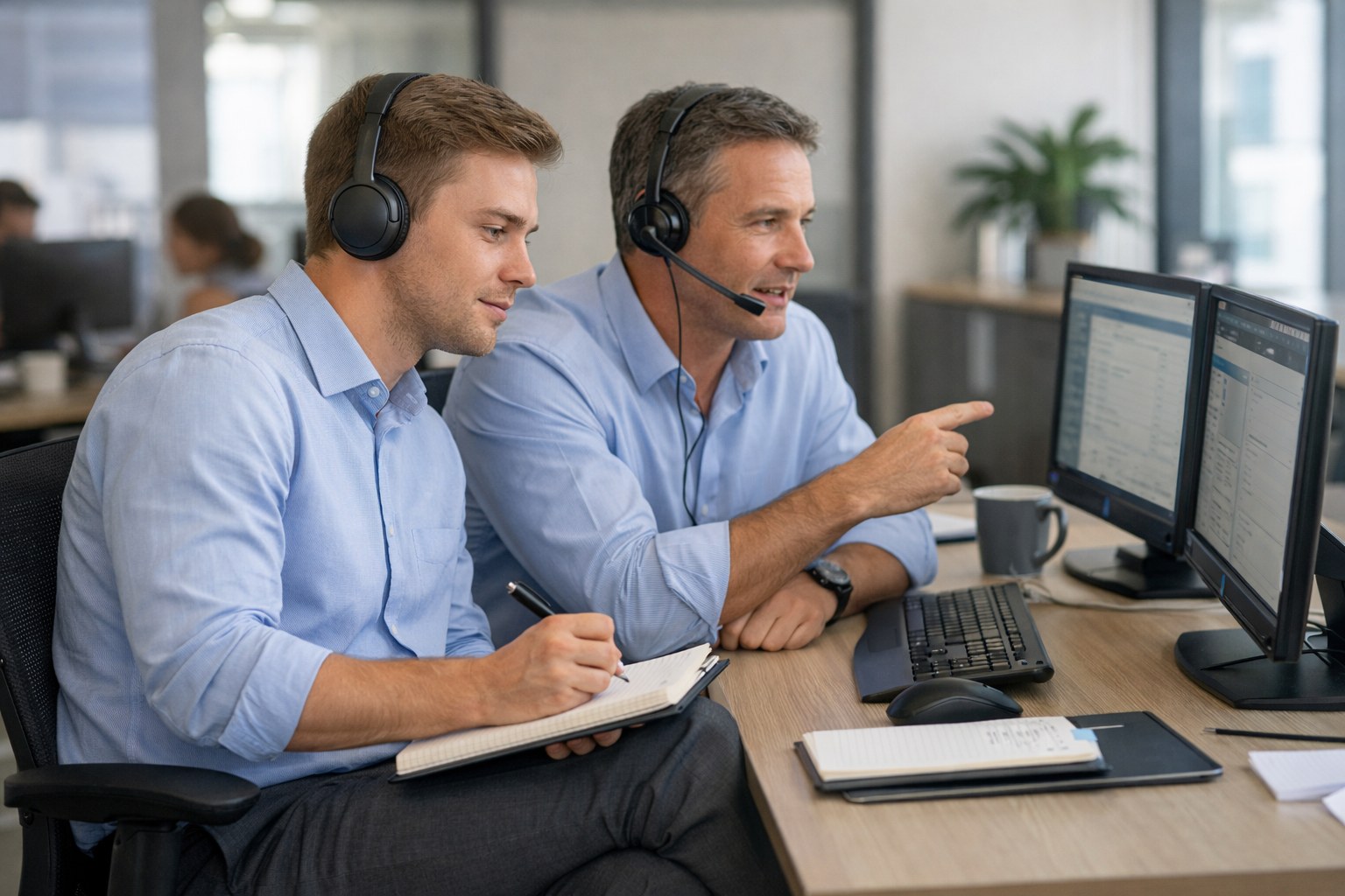 New sales representative observing a customer conversation with a senior colleague