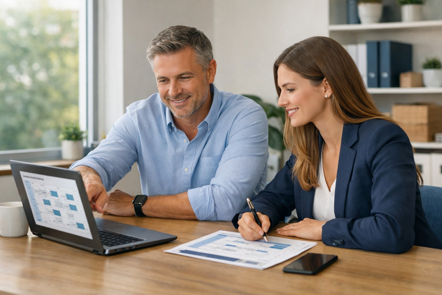 Sales manager and new account executive reviewing an onboarding program