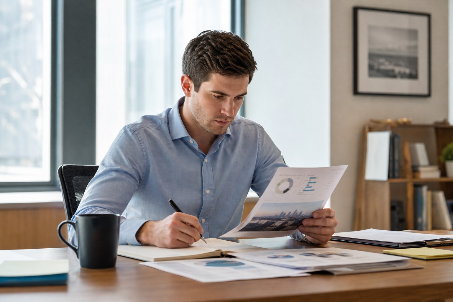 New sales representative preparing an account brief at a desk