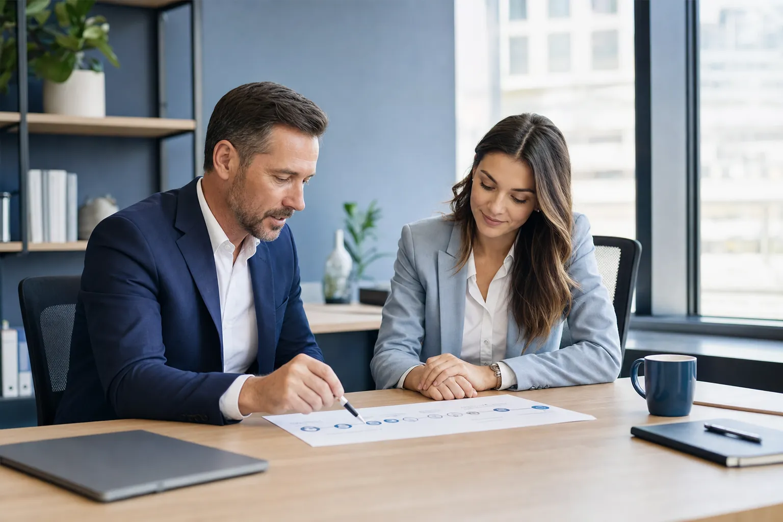 Sales manager and new representative reviewing an onboarding roadmap