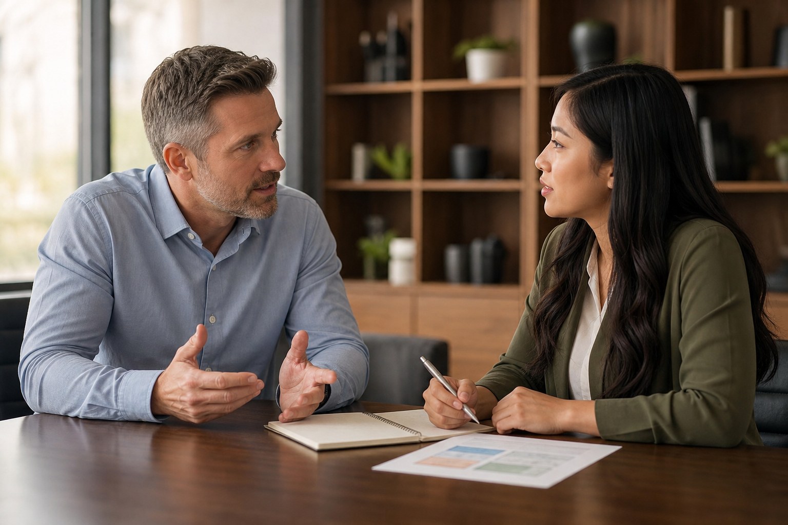 Sales manager coaching a new representative through a practice conversation