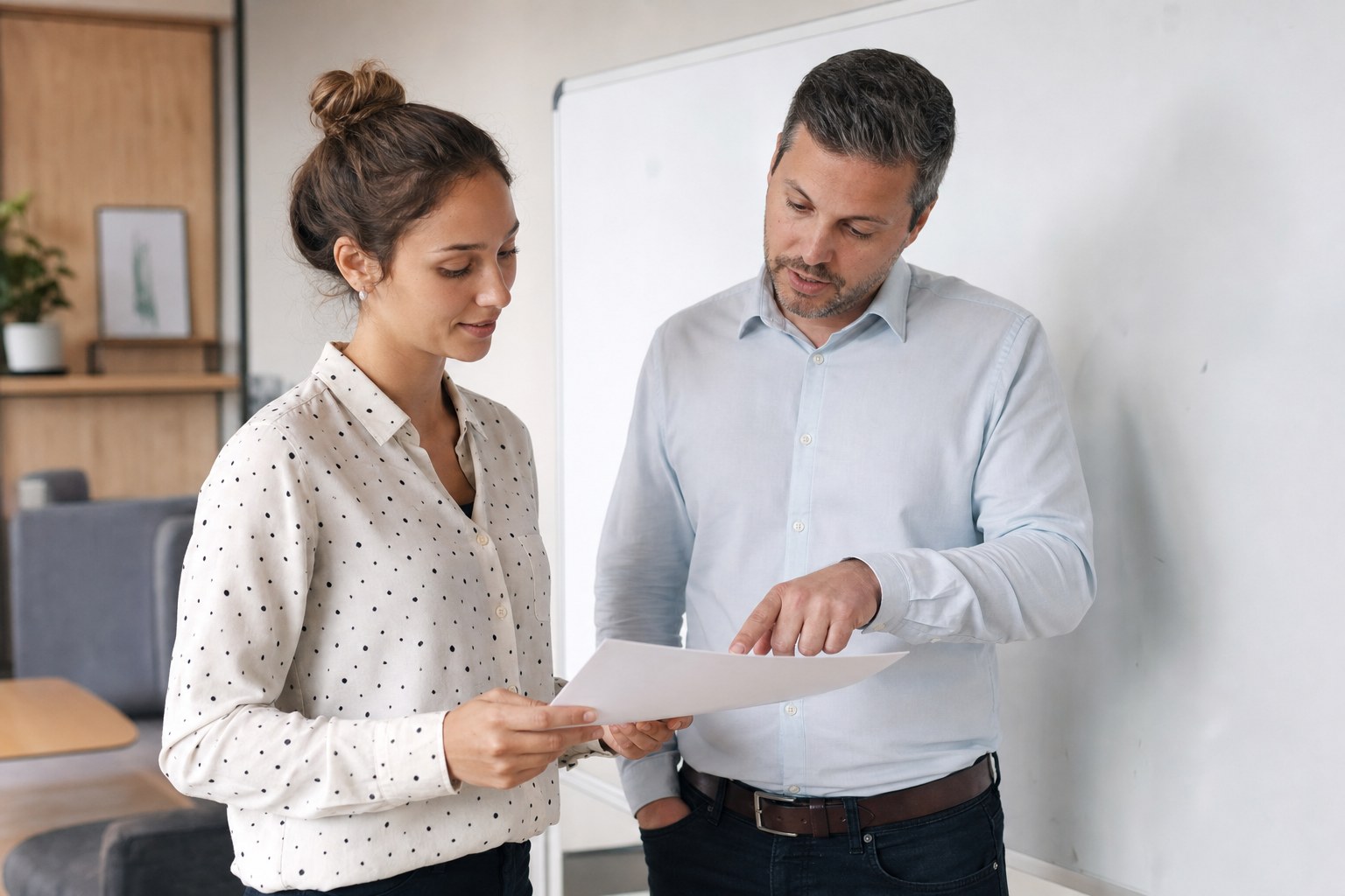 Sales manager giving a new representative feedback on a call plan