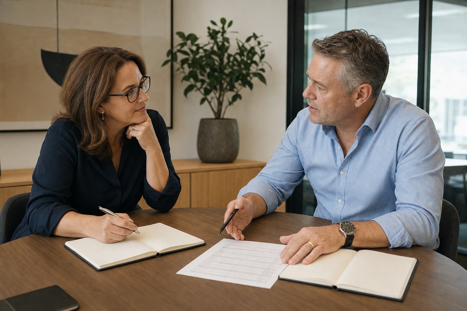 Two sales leaders comparing hiring evidence before a final decision