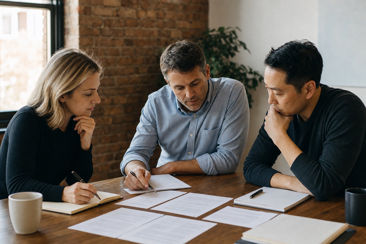 Sales hiring panel reviewing interview evidence and notes together