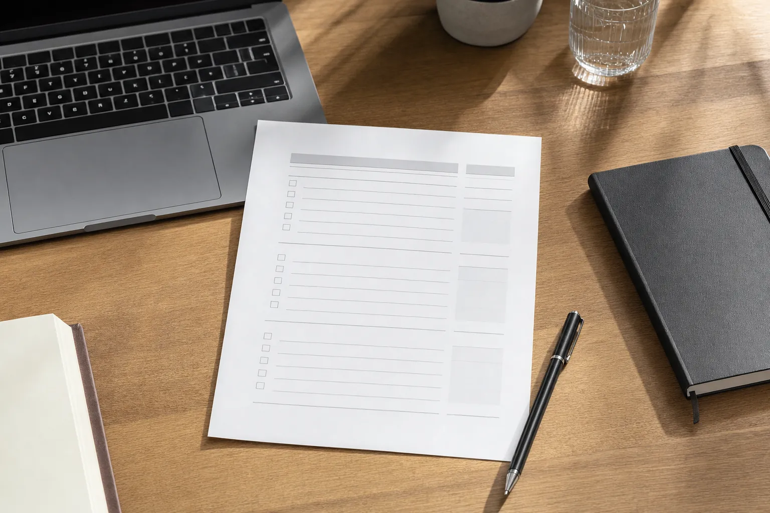 Blank hiring scorecard beside a laptop, notebook, and pen
