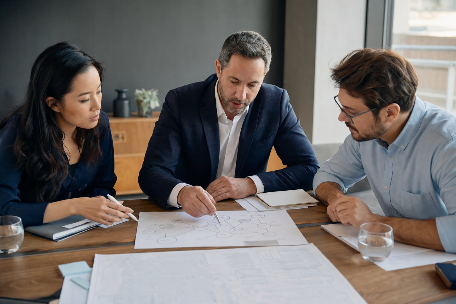 Three B2B sales professionals reviewing an account plan together