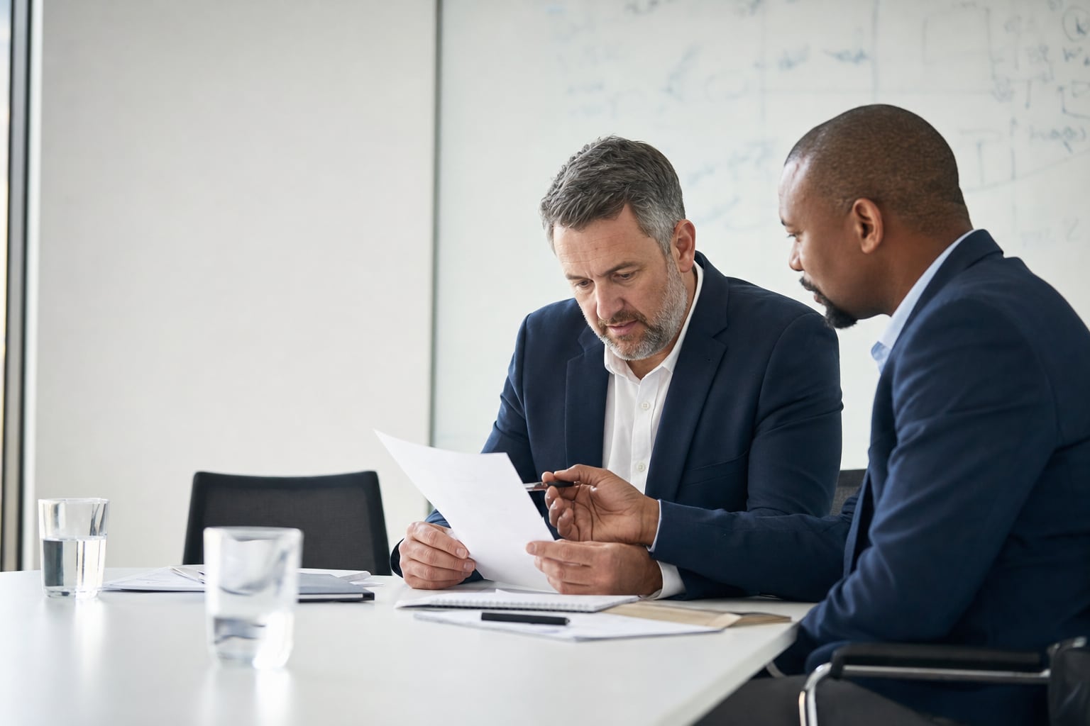Two B2B sales leaders reviewing account notes before a client meeting