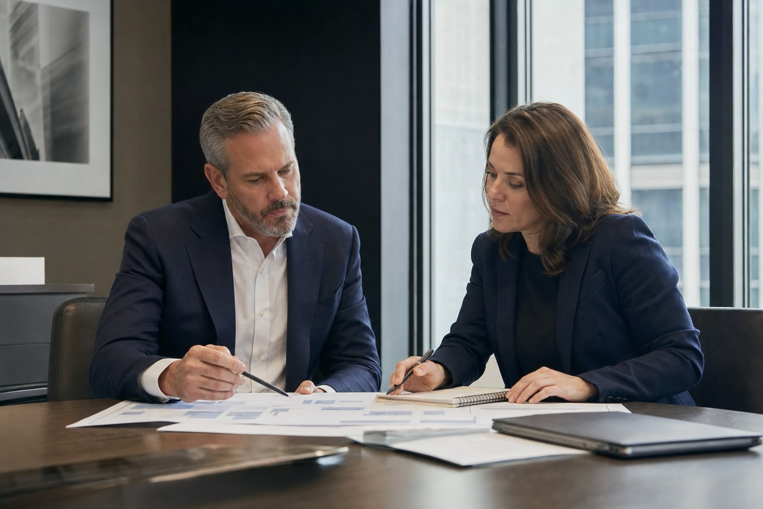 Two business leaders reviewing a sales hiring plan at a conference table