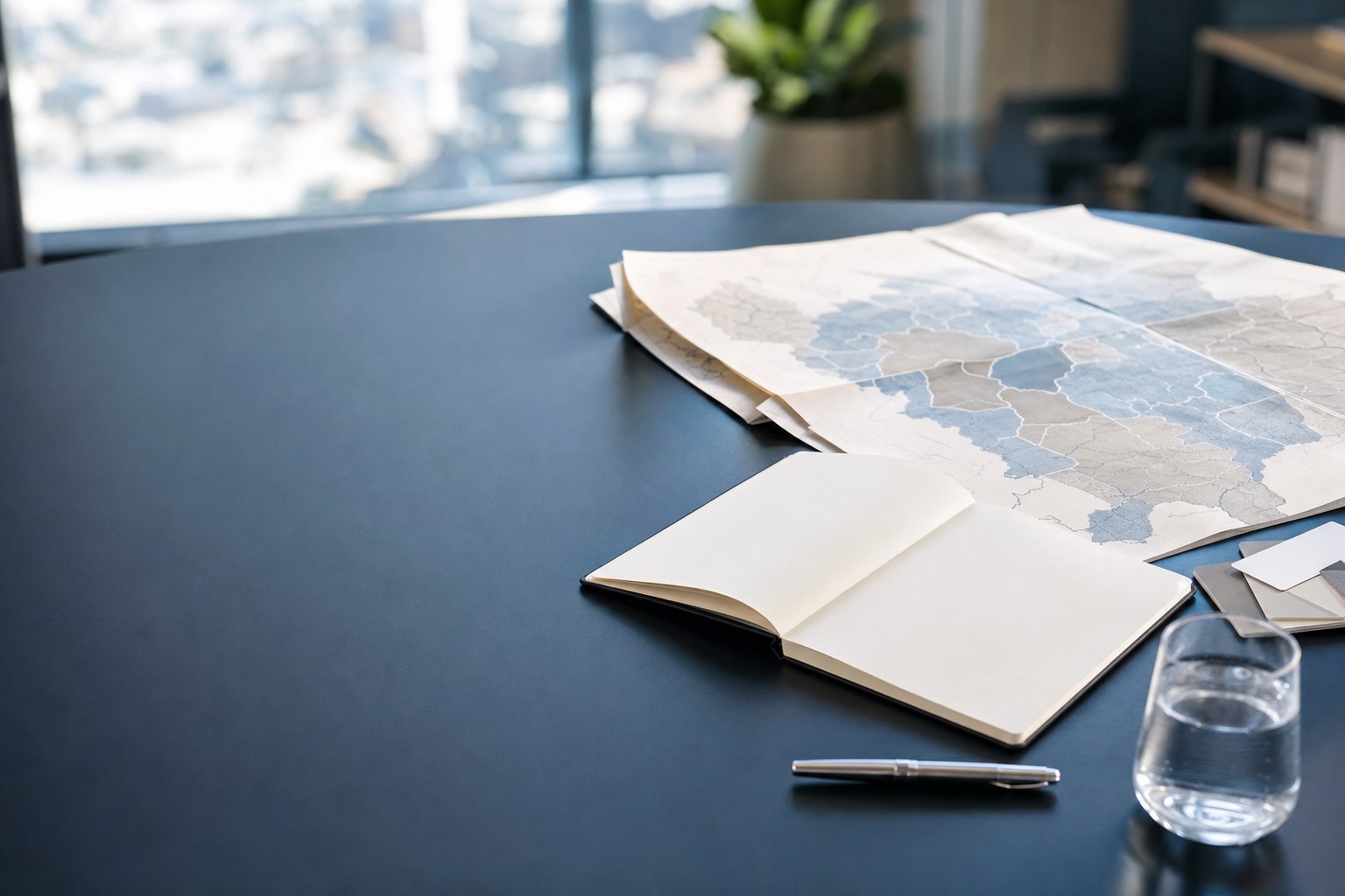 Business development planning materials on a conference table