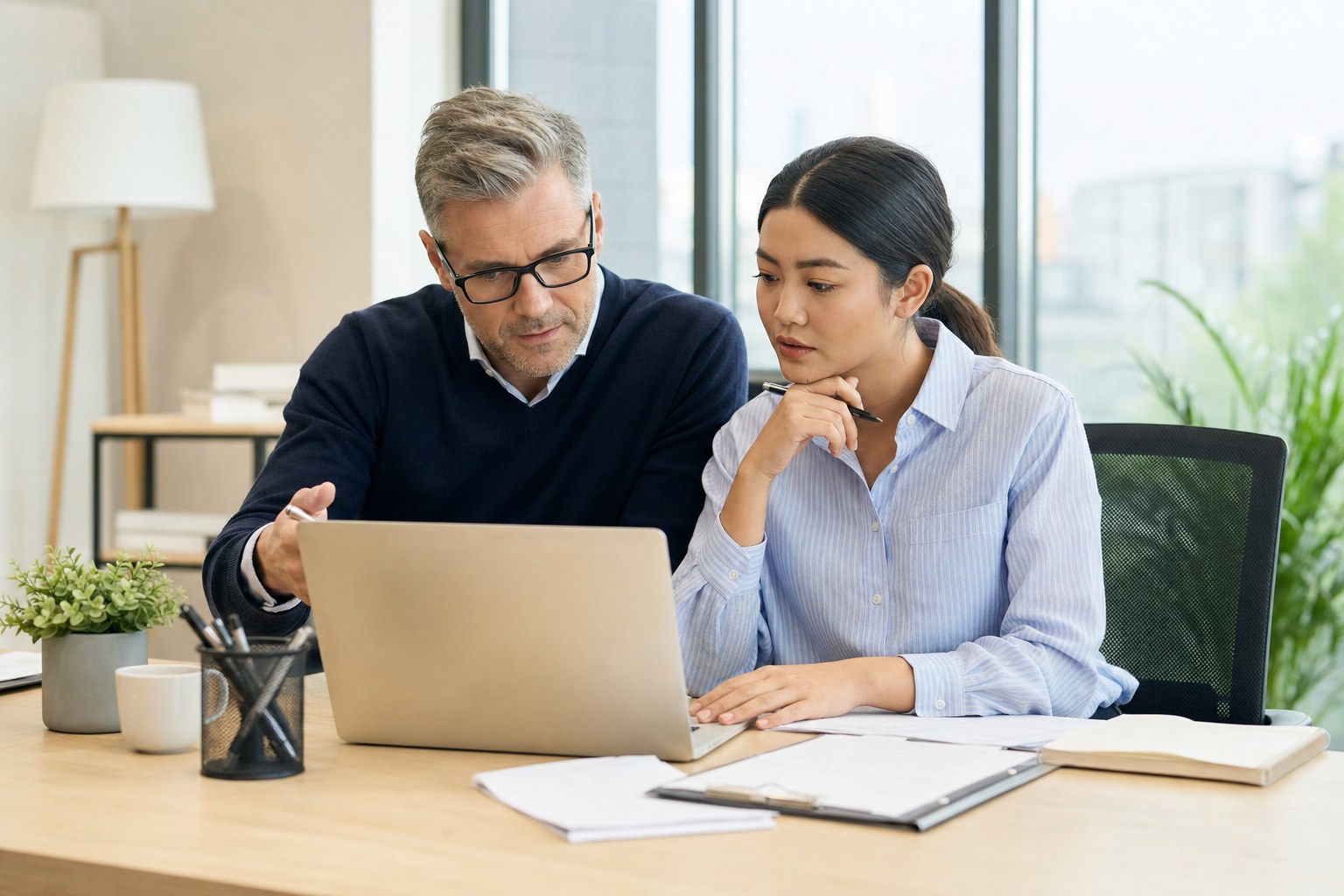 Two sales professionals reviewing customer information at a desk