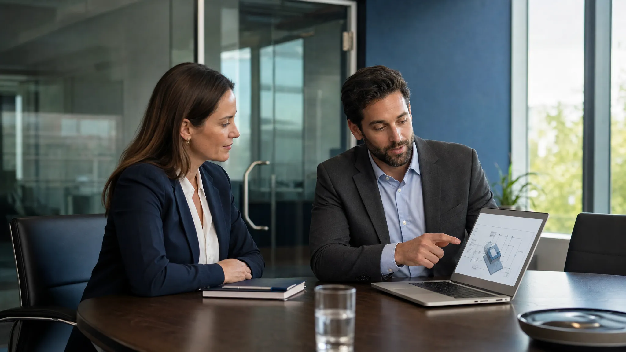 Technical sales professional reviewing a product diagram with a business stakeholder