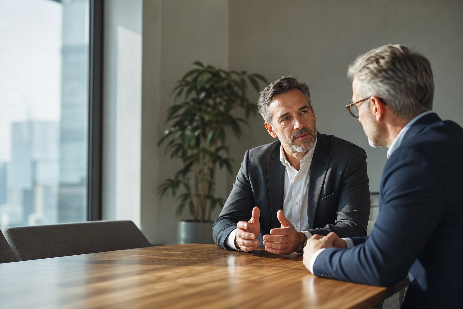 Two business leaders in a focused sales-hiring consultation
