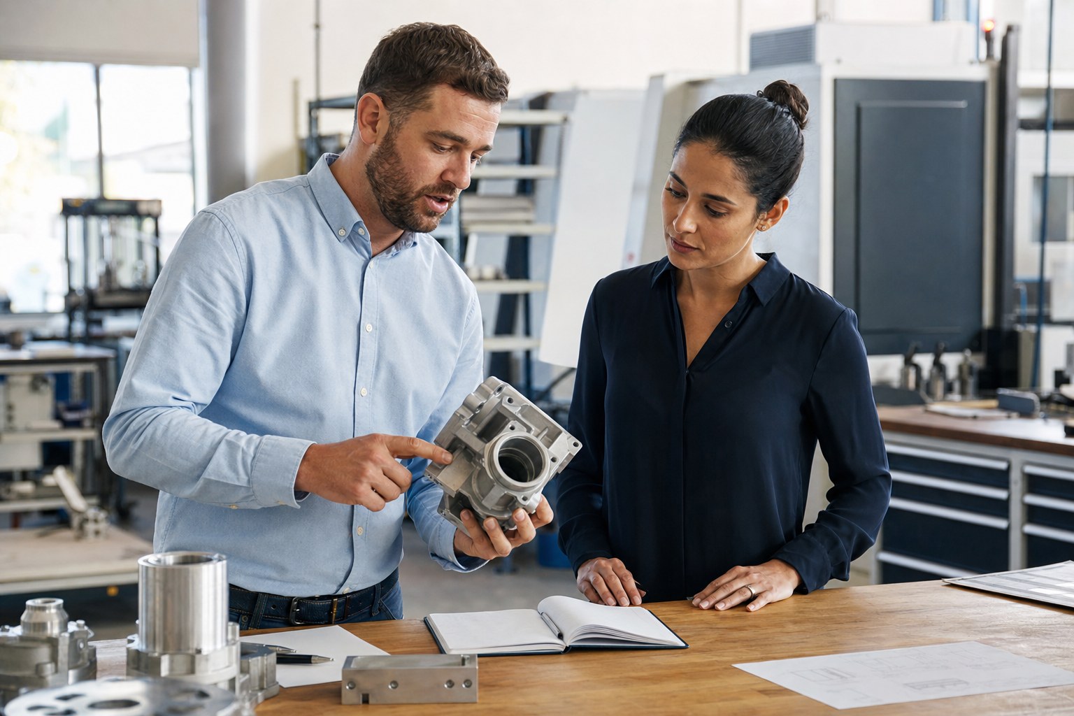 Technical sales professional explaining an industrial component to a business stakeholder