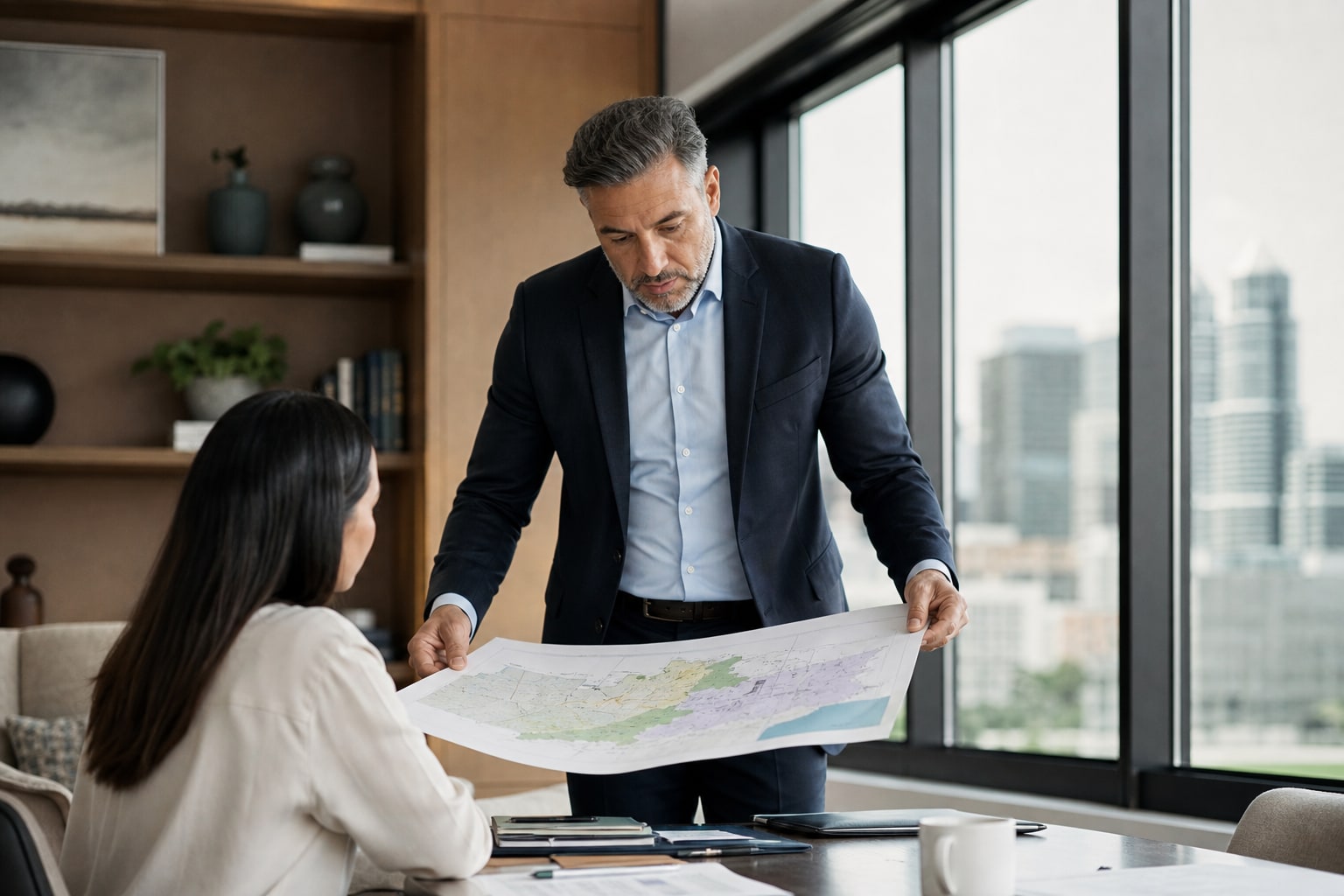 A senior business leader reviewing a territory plan with a colleague