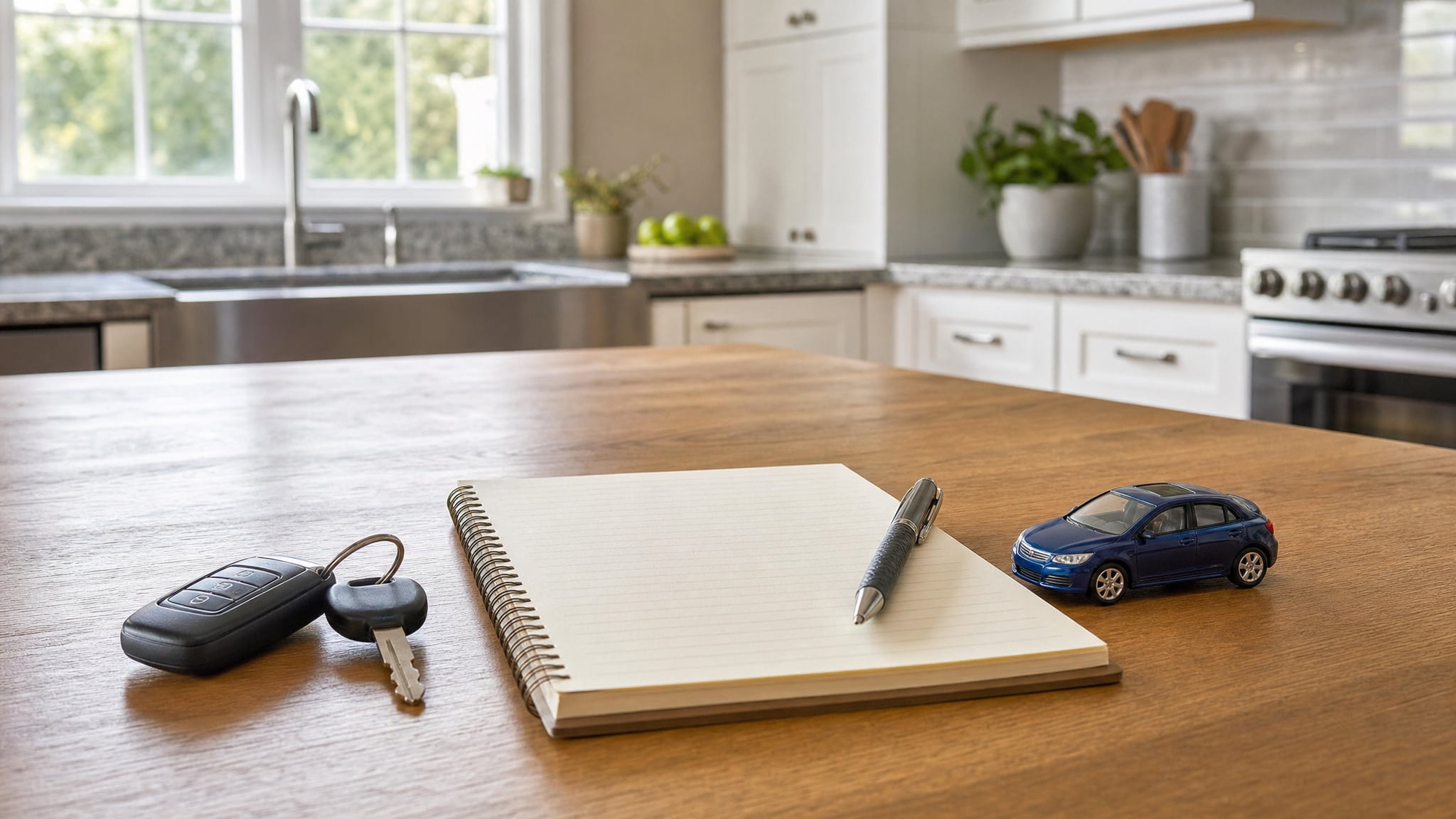 Car keys, a notebook, and a model car on a kitchen table